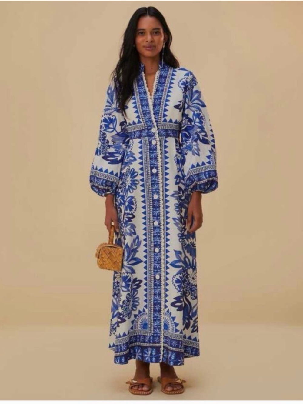 FARM Rio White and Blue Floral Print Maxi Dress